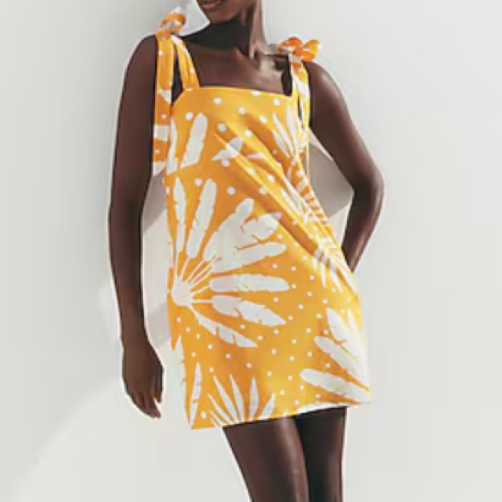 Express Yellow Linen Blend Square Neck Tie Thick Strap Mini Shift Dress Size XL